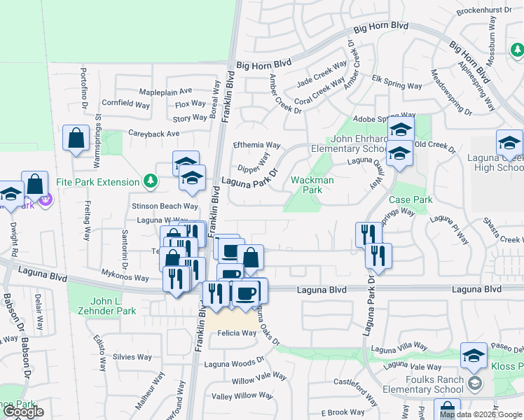 map of restaurants, bars, coffee shops, grocery stores, and more near 9088 Hamatani Court in Elk Grove