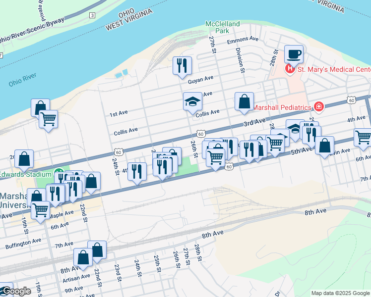 map of restaurants, bars, coffee shops, grocery stores, and more near 2576R 4th Avenue in Huntington