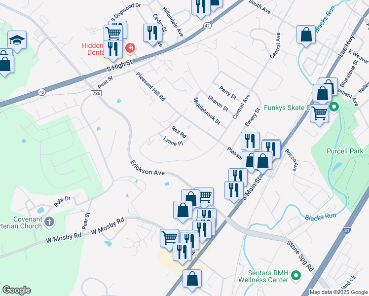 map of restaurants, bars, coffee shops, grocery stores, and more near 1910 Lynne Place in Harrisonburg