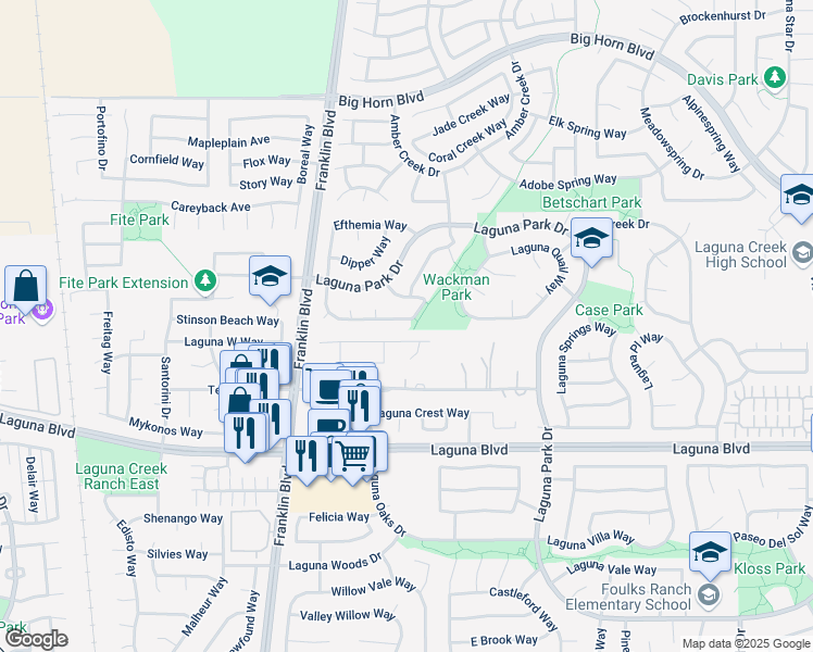map of restaurants, bars, coffee shops, grocery stores, and more near 5240 Misty Meadow Way in Elk Grove