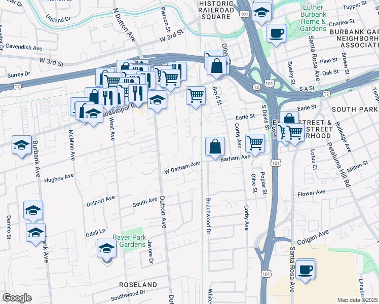 map of restaurants, bars, coffee shops, grocery stores, and more near 127 West Barham Avenue in Santa Rosa