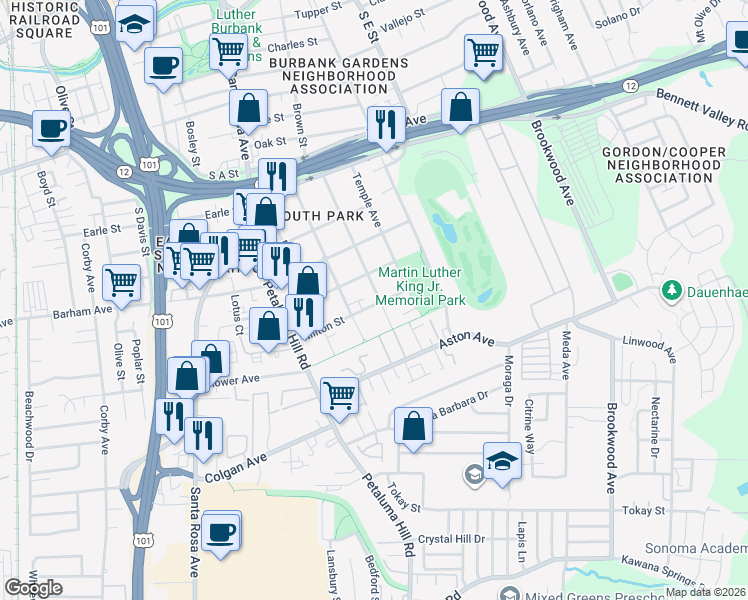 map of restaurants, bars, coffee shops, grocery stores, and more near 843 Milton Street in Santa Rosa