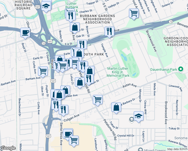 map of restaurants, bars, coffee shops, grocery stores, and more near 1219 Grand Avenue in Santa Rosa