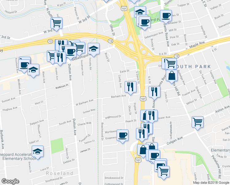 map of restaurants, bars, coffee shops, grocery stores, and more near 1043 Boyd Street in Santa Rosa