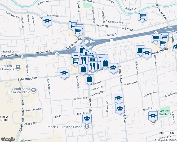 map of restaurants, bars, coffee shops, grocery stores, and more near in Santa Rosa
