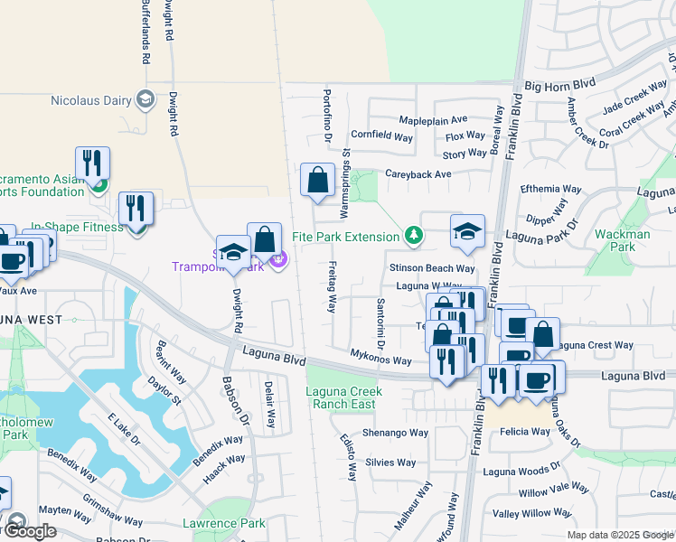 map of restaurants, bars, coffee shops, grocery stores, and more near 4325 Freitag Way in Elk Grove
