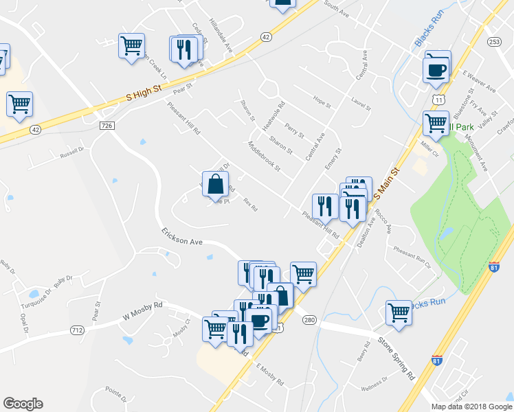 map of restaurants, bars, coffee shops, grocery stores, and more near 62 Rex Road in Harrisonburg