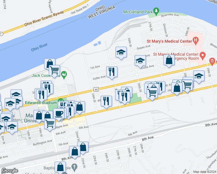 map of restaurants, bars, coffee shops, grocery stores, and more near 2469 3rd Avenue in Huntington