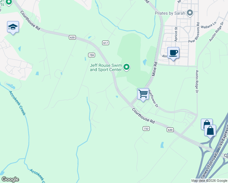 map of restaurants, bars, coffee shops, grocery stores, and more near 822 Courthouse Road in Stafford