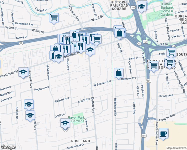 map of restaurants, bars, coffee shops, grocery stores, and more near 547 Goodman Avenue in Santa Rosa