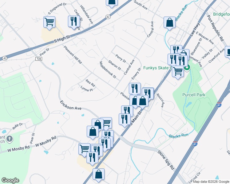 map of restaurants, bars, coffee shops, grocery stores, and more near 47 Pleasant Hill Road in Harrisonburg