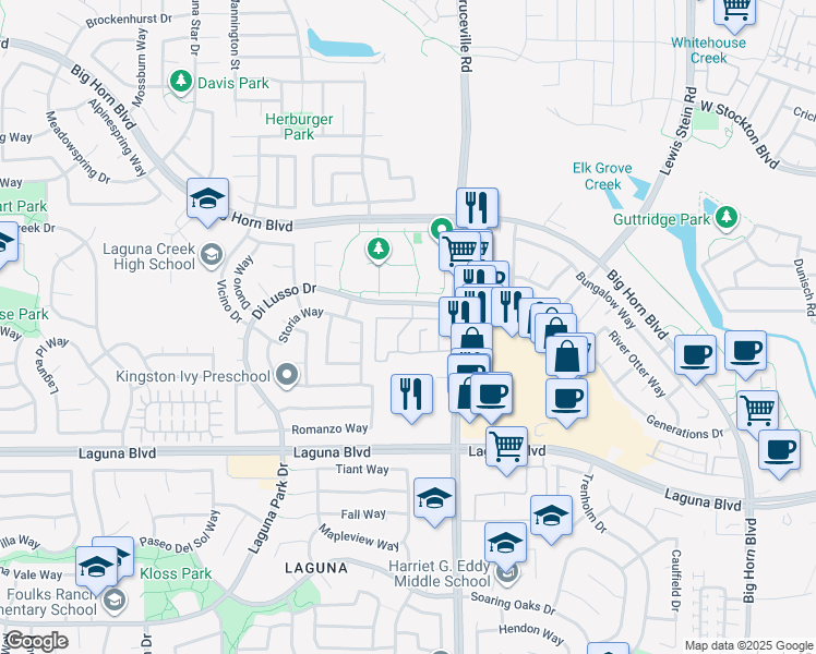 map of restaurants, bars, coffee shops, grocery stores, and more near 6810 Di Lusso Drive in Elk Grove