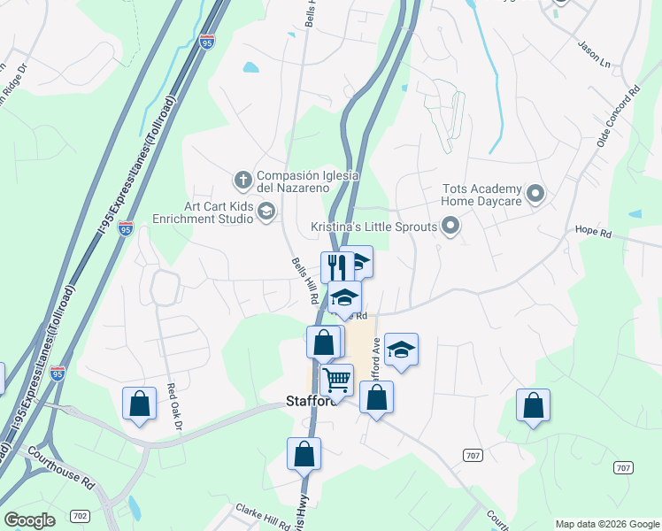 map of restaurants, bars, coffee shops, grocery stores, and more near 2491 Jefferson Davis Highway in Stafford