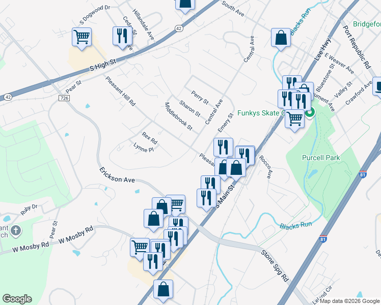 map of restaurants, bars, coffee shops, grocery stores, and more near 47 Pleasant Hill Road in Harrisonburg