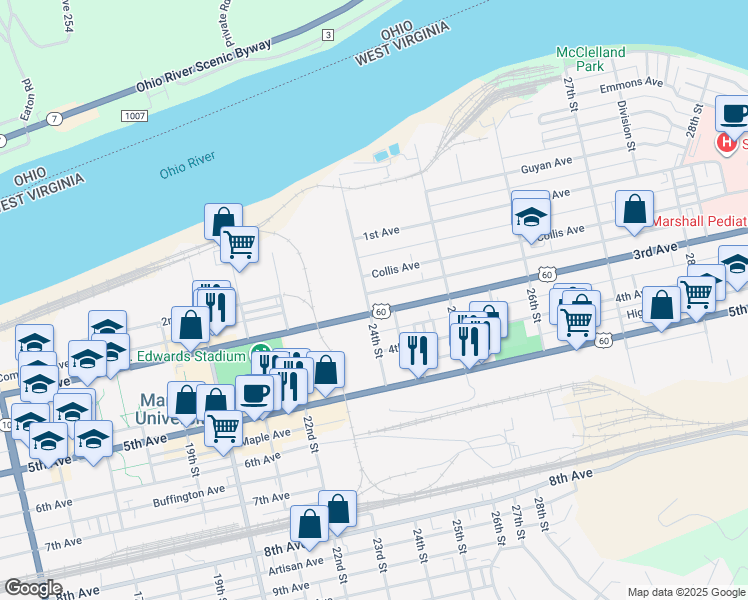 map of restaurants, bars, coffee shops, grocery stores, and more near 2402 3rd Avenue in Huntington