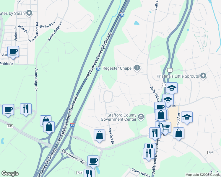 map of restaurants, bars, coffee shops, grocery stores, and more near 26 Davenport Drive in Stafford