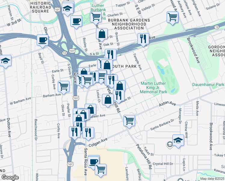 map of restaurants, bars, coffee shops, grocery stores, and more near 624 Frazier Avenue in Santa Rosa