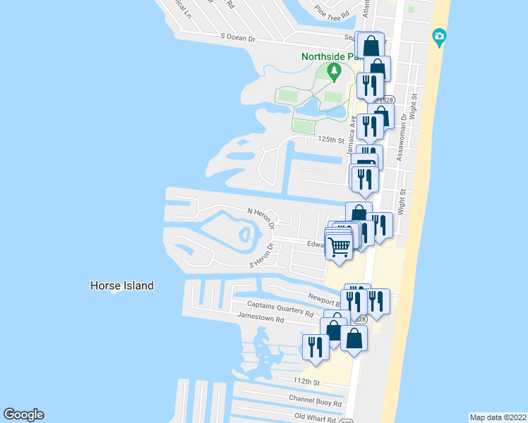 map of restaurants, bars, coffee shops, grocery stores, and more near 207 North Heron Drive in Ocean City
