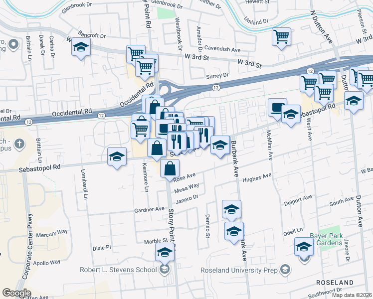 map of restaurants, bars, coffee shops, grocery stores, and more near 1758 Sebastopol Road in Santa Rosa