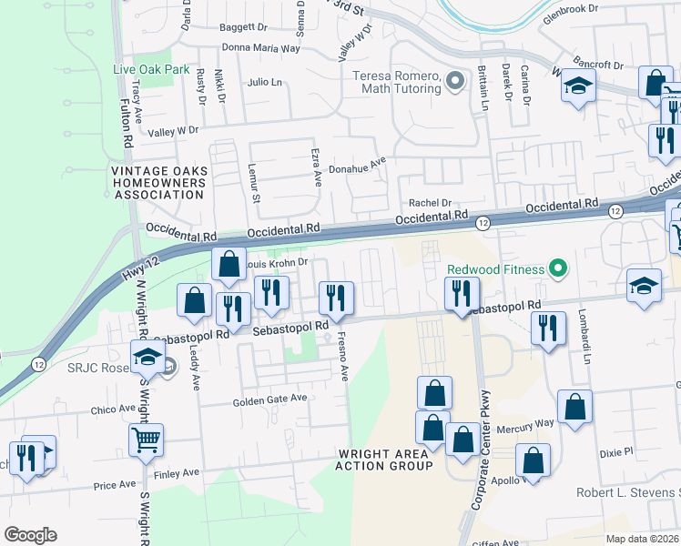 map of restaurants, bars, coffee shops, grocery stores, and more near 3847 Louis Krohn Drive in Santa Rosa