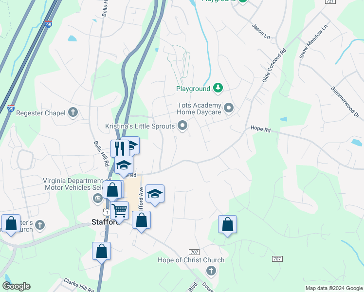 map of restaurants, bars, coffee shops, grocery stores, and more near 28 Somerset Lane in Stafford
