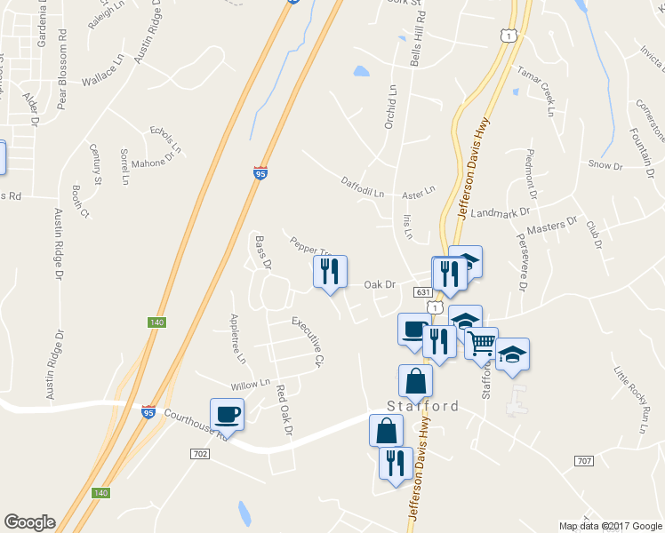 map of restaurants, bars, coffee shops, grocery stores, and more near 216 Pepper Tree Lane in Stafford