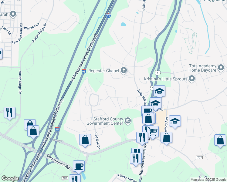 map of restaurants, bars, coffee shops, grocery stores, and more near 216 Pepper Tree Lane in Stafford