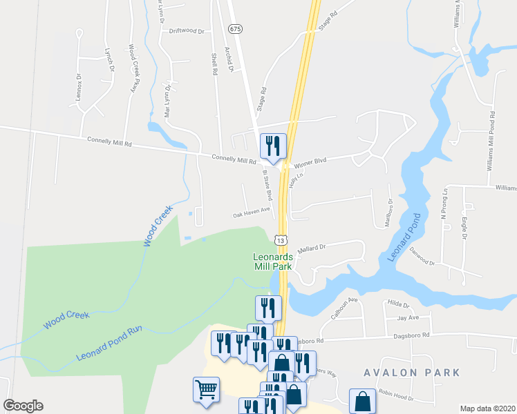 map of restaurants, bars, coffee shops, grocery stores, and more near 30167 Oak Haven Avenue in Delmar