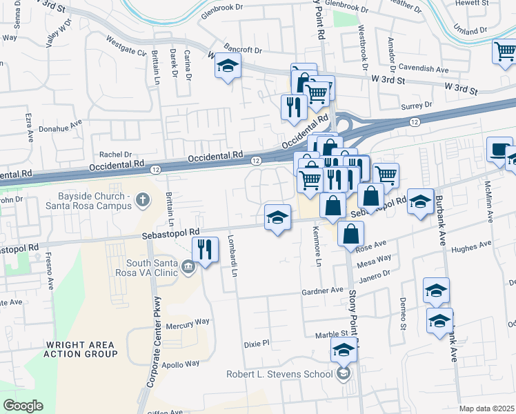 map of restaurants, bars, coffee shops, grocery stores, and more near 651 Laurel Grove Circle in Santa Rosa