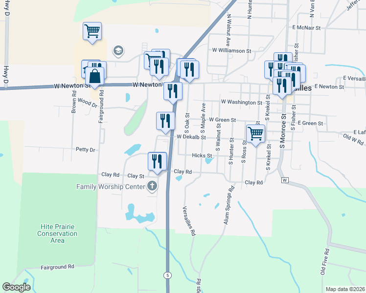 map of restaurants, bars, coffee shops, grocery stores, and more near 800-898 West Hicks Street in Versailles