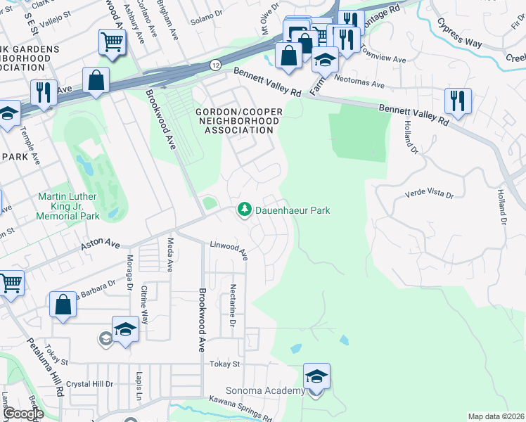 map of restaurants, bars, coffee shops, grocery stores, and more near 1811 Velvetleaf Lane in Santa Rosa