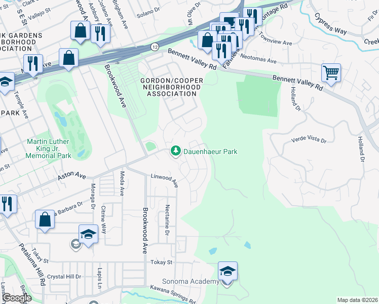 map of restaurants, bars, coffee shops, grocery stores, and more near 1811 Velvetleaf Lane in Santa Rosa