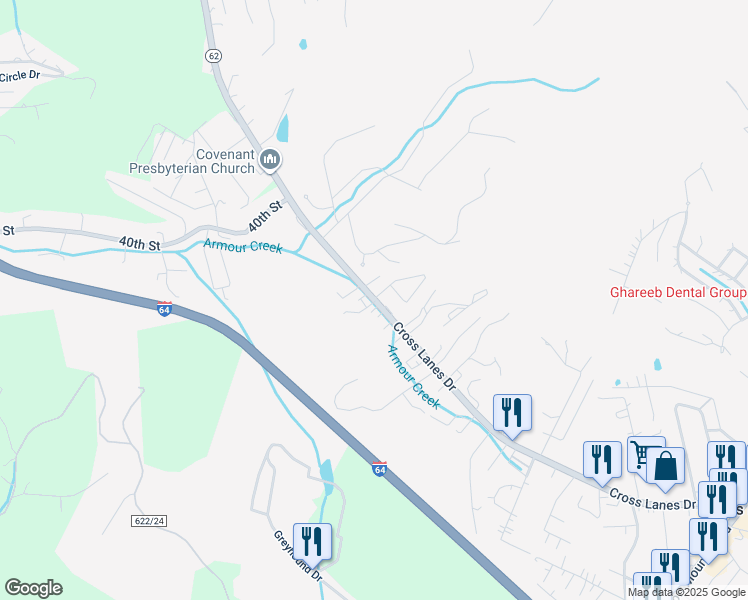 map of restaurants, bars, coffee shops, grocery stores, and more near 616 Cross Lanes Drive in Nitro