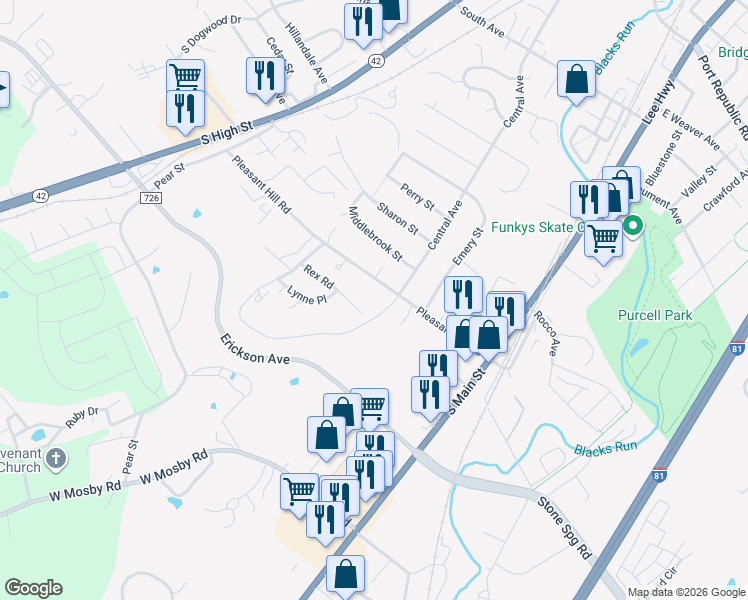 map of restaurants, bars, coffee shops, grocery stores, and more near 62 Rex Road in Harrisonburg