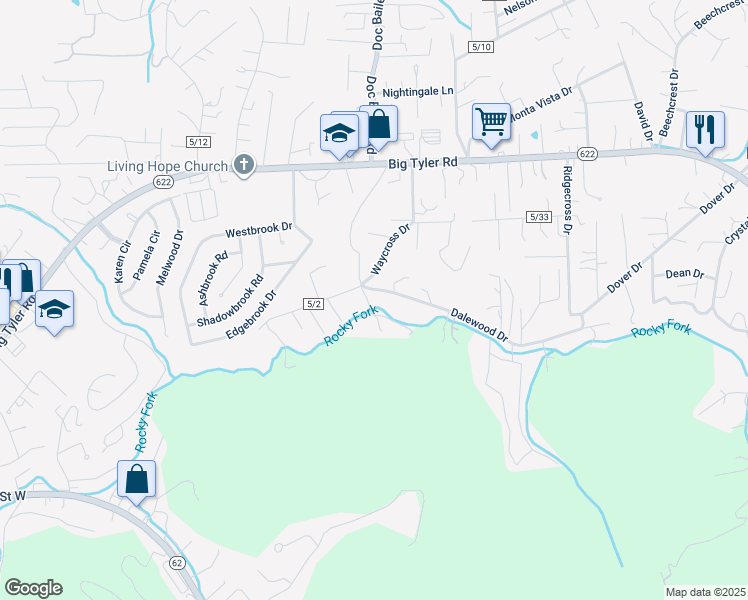 map of restaurants, bars, coffee shops, grocery stores, and more near 5185 Fork Road in Cross Lanes