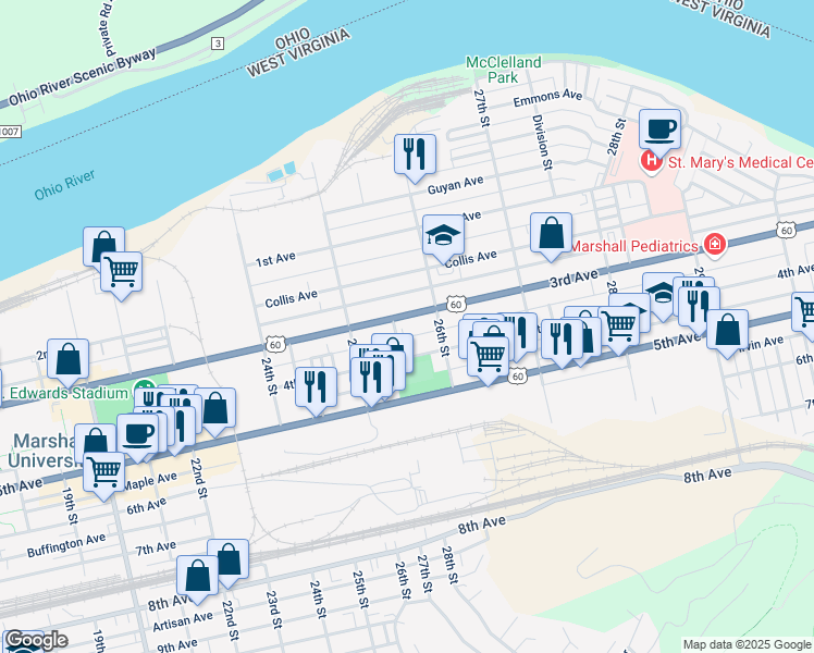 map of restaurants, bars, coffee shops, grocery stores, and more near 2576R 4th Avenue in Huntington