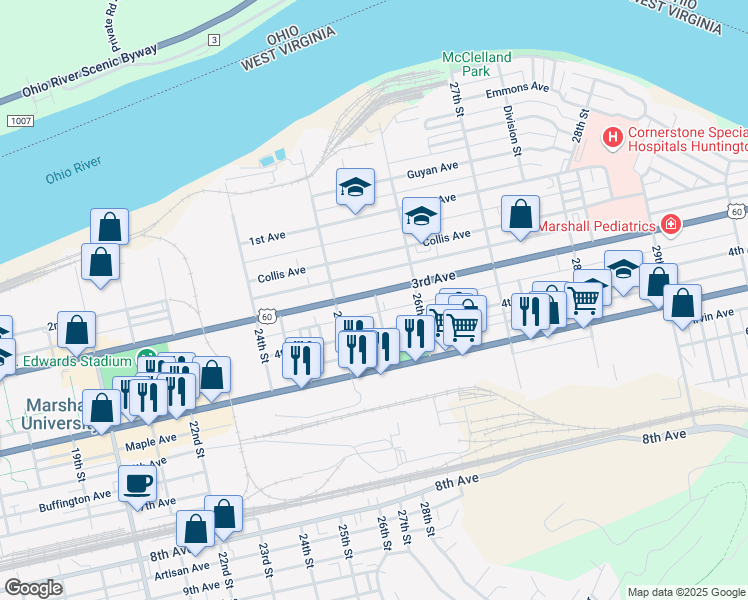 map of restaurants, bars, coffee shops, grocery stores, and more near 2537 3rd Avenue in Huntington