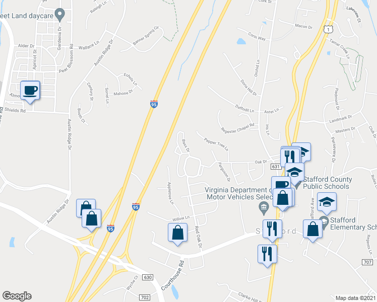 map of restaurants, bars, coffee shops, grocery stores, and more near Bass Drive in Stafford