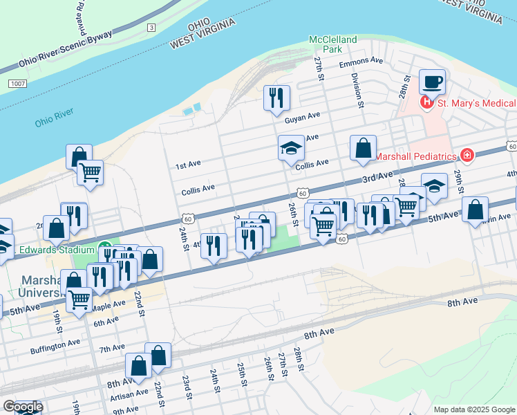 map of restaurants, bars, coffee shops, grocery stores, and more near 2537 3rd Avenue in Huntington