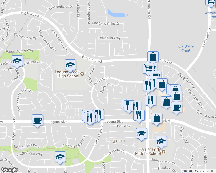 map of restaurants, bars, coffee shops, grocery stores, and more near 6828 Storia Way in Elk Grove