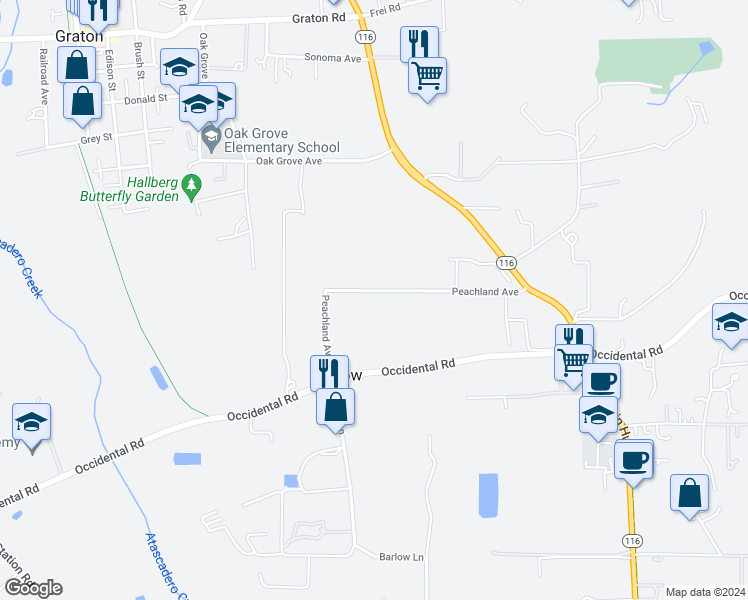 map of restaurants, bars, coffee shops, grocery stores, and more near 8417 Peachland Avenue in Sebastopol
