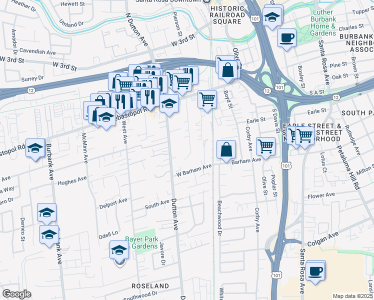 map of restaurants, bars, coffee shops, grocery stores, and more near 523 Goodman Avenue in Santa Rosa