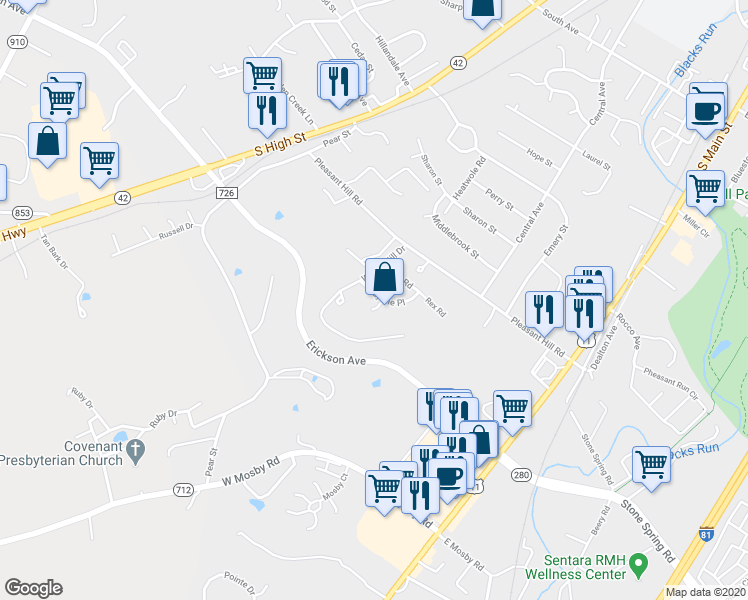 map of restaurants, bars, coffee shops, grocery stores, and more near 1956 Kimberly Court in Harrisonburg