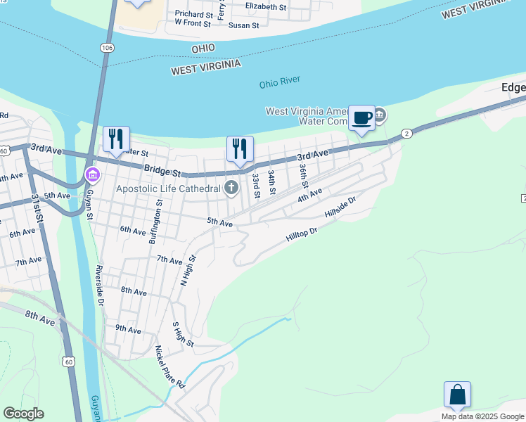 map of restaurants, bars, coffee shops, grocery stores, and more near 3407-3411 5th Avenue in Huntington
