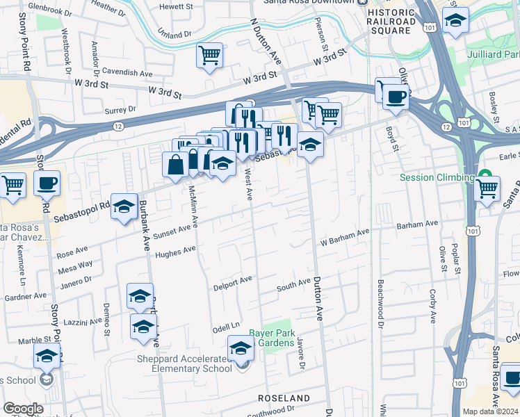 map of restaurants, bars, coffee shops, grocery stores, and more near 940 West Avenue in Santa Rosa