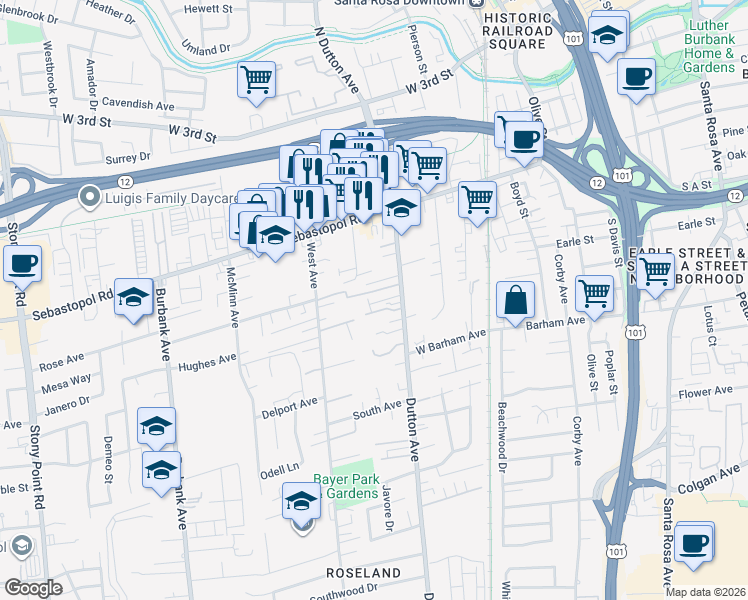 map of restaurants, bars, coffee shops, grocery stores, and more near 26 Freitas Court in Santa Rosa