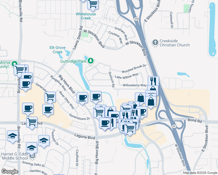map of restaurants, bars, coffee shops, grocery stores, and more near 8109 Laguna Brook Way in Elk Grove