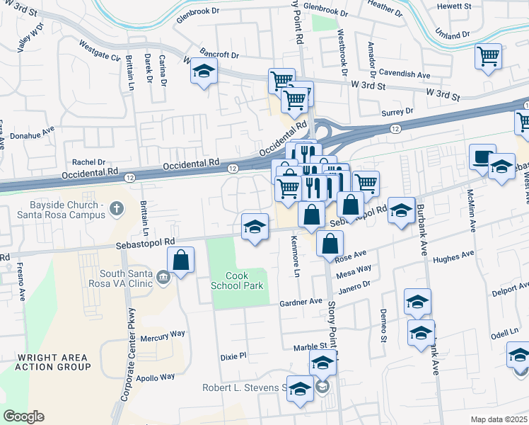 map of restaurants, bars, coffee shops, grocery stores, and more near 424 Feldspar Lane in Santa Rosa