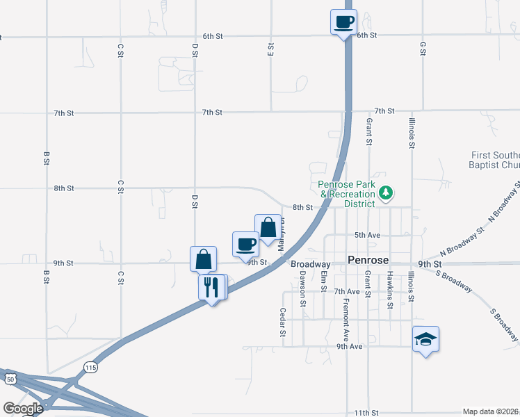 map of restaurants, bars, coffee shops, grocery stores, and more near 520 8th Street in Penrose