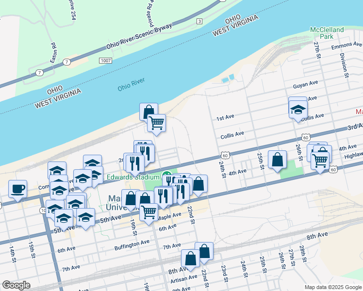 map of restaurants, bars, coffee shops, grocery stores, and more near in Huntington